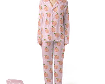 Peach Peel Set | Silky Satin Pajama Set for Women | Cute Fruit Print Lounge Set | Pink Peach Polka Dot Sleepwear | Summer Gift Idea