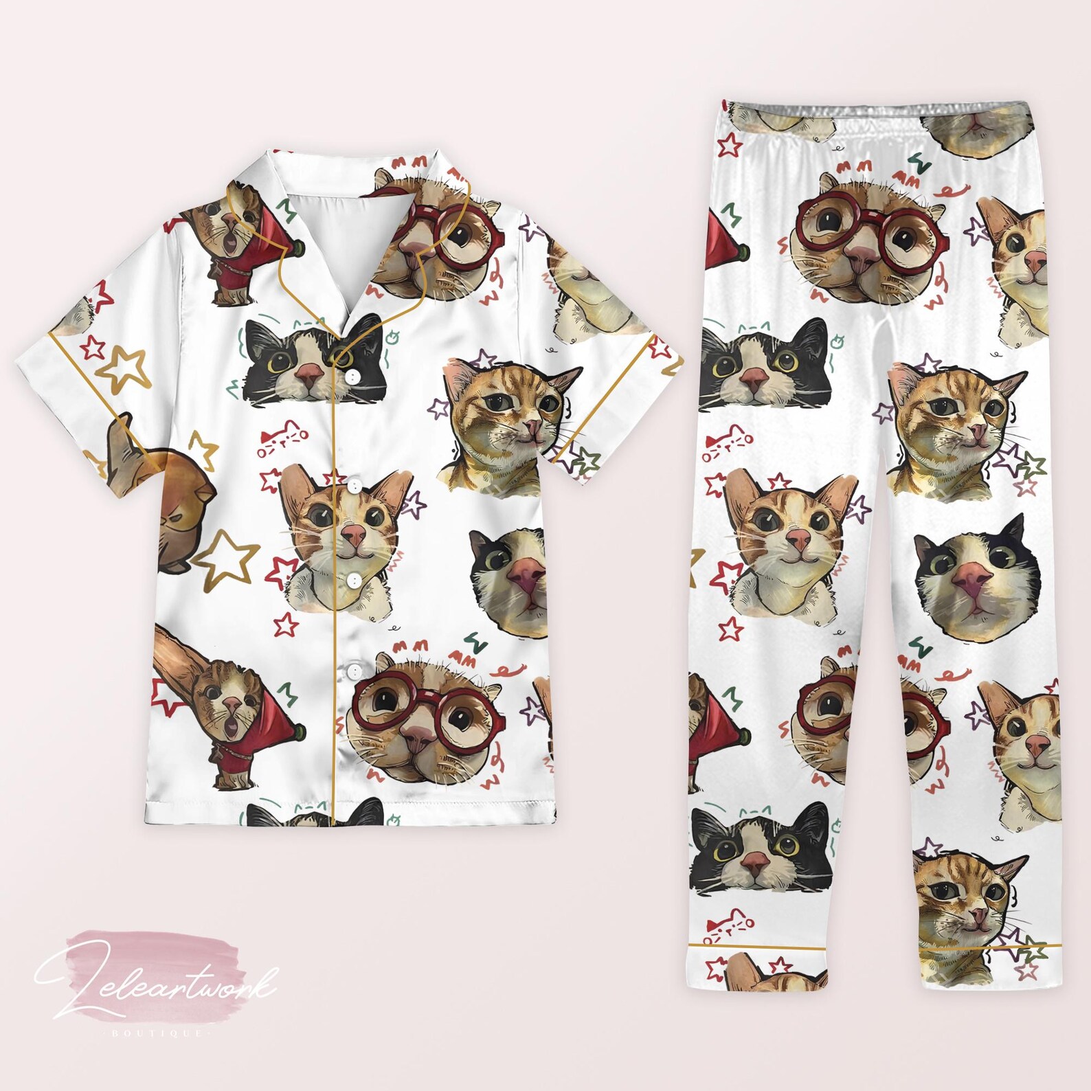Cartoon Cats Pajama – Cute Satin Long Sleeve & Pants Sleepwear Set for ...