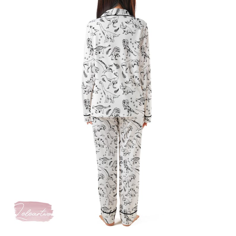Vintage Dinosaur Pajama Set – Black &amp; White Prehistoric Print Sleepwear for Adults, Cute Retro ...