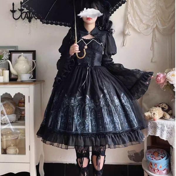 Robe goth lolita, robe princesse lolita, lolita jsk, manteau gothique noir avec manches évasées pour Halloween cosplay vampire diable, mode lolita