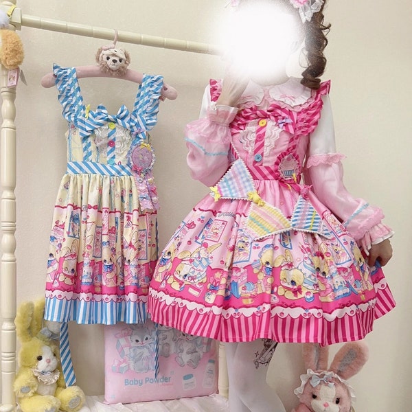 Kawaii Lolita Dress, Bunny Lolita Dress, Cute Pink Black Yellow Sweet Lolita Dress, Lolita jsk, Pink White Lolita Shirt, Lolita Fashion