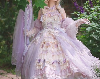 Purple Princess Lolita Dress, Goddess Lace Ruffle JSK Dress with Detachable Sleeves for Prom Tea Party Halloween Cosplay, Lolita Fashion