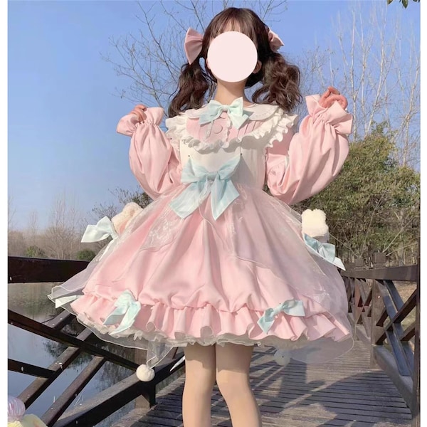 Sweet Bear Lolita Dress, Ruffle Brown Pink Blue Lolita Dress with Long Sleeve and Bow Train, Lolita Fashion