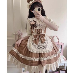 Women Girls Lolita Dress Japanese Kawaii Ruffle Bowknot Sweet Plaid Check