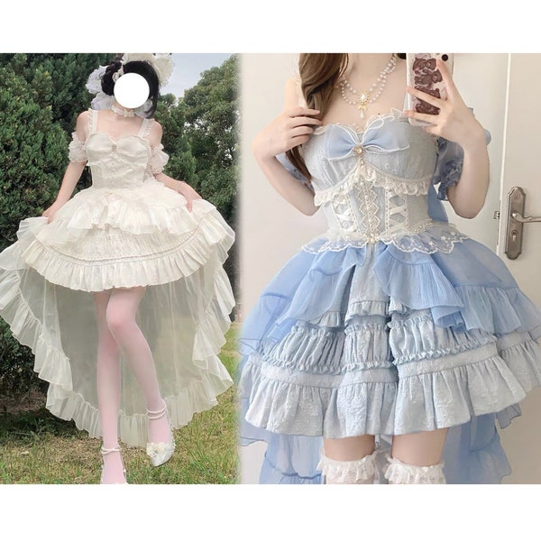 6 Colors Princess Lolita Dress with Train Pink Blue White Black Lace Ruffle Girl's Dress Prom Dress Ball Dress Birthday Dress Lolita Fashion