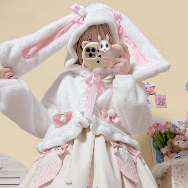 Manteau mignon de lolita de lapin, manteau à manches longues en fausse fourrure de lapin doux avec des oreilles de lapin pour le cosplay d'Halloween d'hiver, mode lolita, lolita