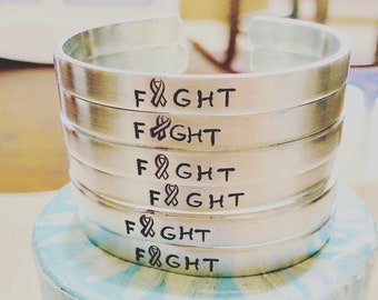 Fight Cancer Hand Stamped Bracelet: Adjustable Aluminum Cuff