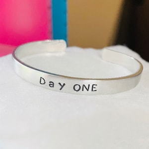 Day One Inspirational Bracelet, Mantra Bracelet, Personalized Gift, Custom Bracelet, Silver Bracelet, first day gift, starting over gift,
