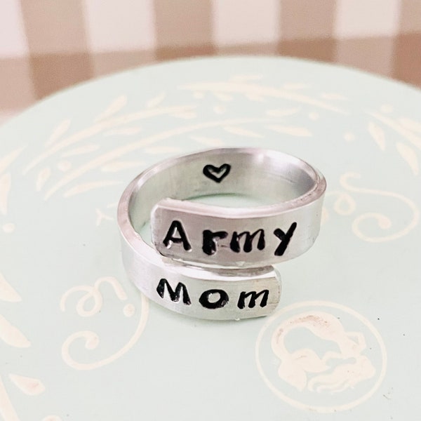 Army mom ring, Air Force mom ring, hand stamped ring, personalized ring, ring for army mom, ring for Air Force mom, National Guard Mom