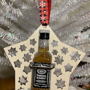Christmas mini liquor bottle ornament alcohol bottle holder, star shaped, wood laser cut.   Ornament only