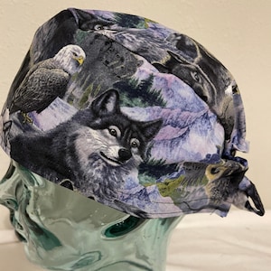 Men’s medical surgical scrub hat, wildlife, wolf, eagle.