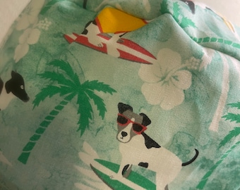 Mens medical surgical scrub hat, surfing, tropical, dogs, jack russell terrier.