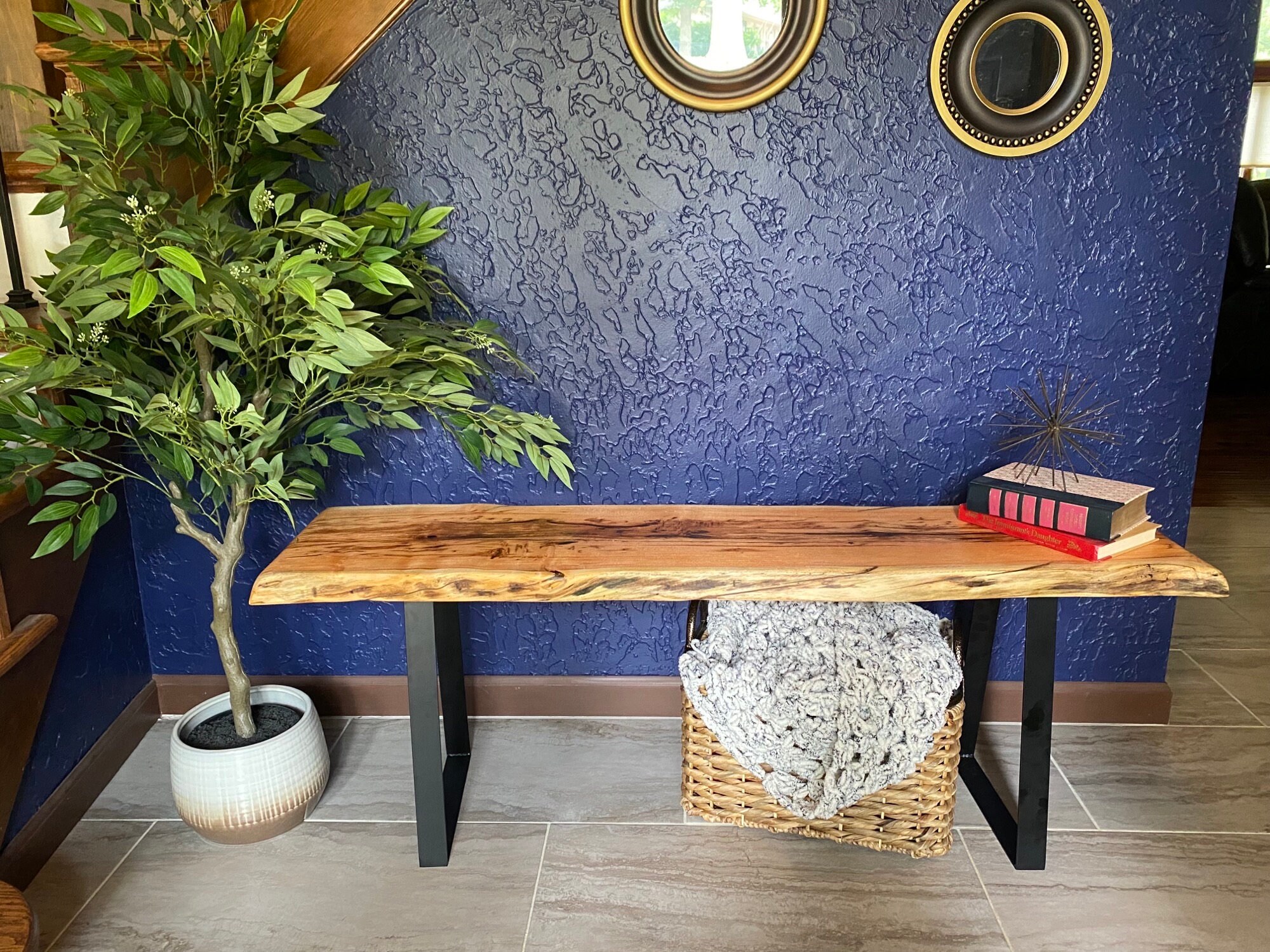 Custom Handmade Live Edge Entryway Bench Real Wood Black Metal ...