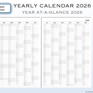 May include: A black and white yearly calendar for 2026. The calendar is divided into 12 months, with each month having a grid of 31 days. The calendar is titled "Yearly Calendar 2026" and "Year At-A-Glance 2026".