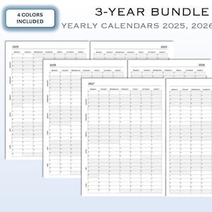 3-Year Calendar Bundle: 2025, 2026, 2027 - Printable Yearly Calendars, At A Glance, 4 Colors, Yearly Overview – MONDAY START