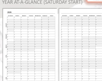 2026 Printable Calendar in 4 Colors | Year At-A-Glance, Saturday Start (PDF)
