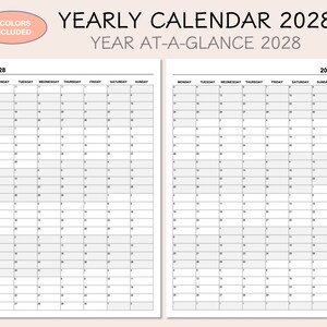 Yearly Calendar 2028, Printable Calendar 2028, Year At A Glance 2028, Yearly Overview 2028, 4 Colors, MONDAY START