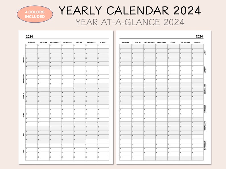 Yearly Calendar 2024, Printable Calendar 2024, Year at A Glance 2024