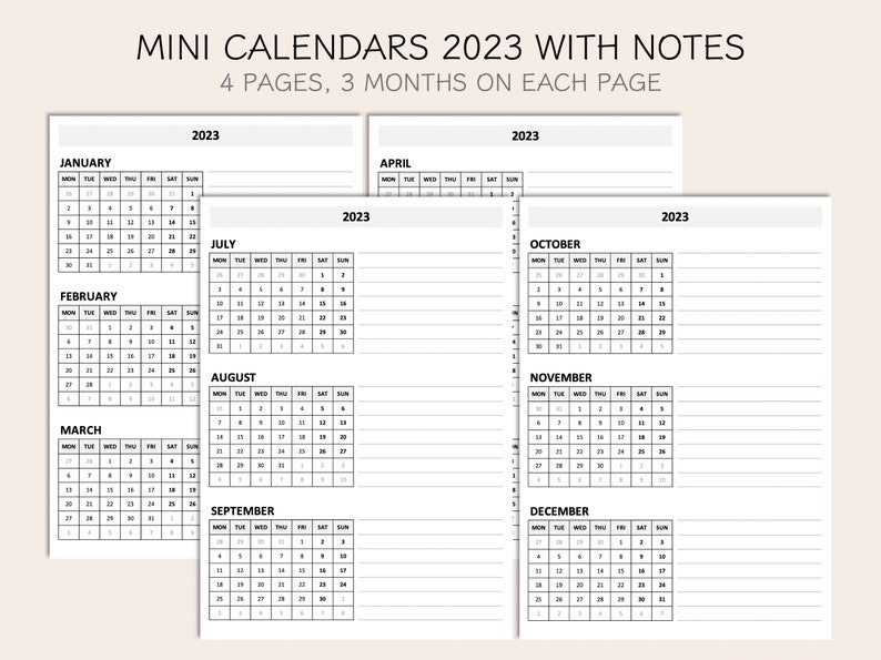 Printable Mini Monthly Calendars 2023, Yearly Overview With Notes, Year ...