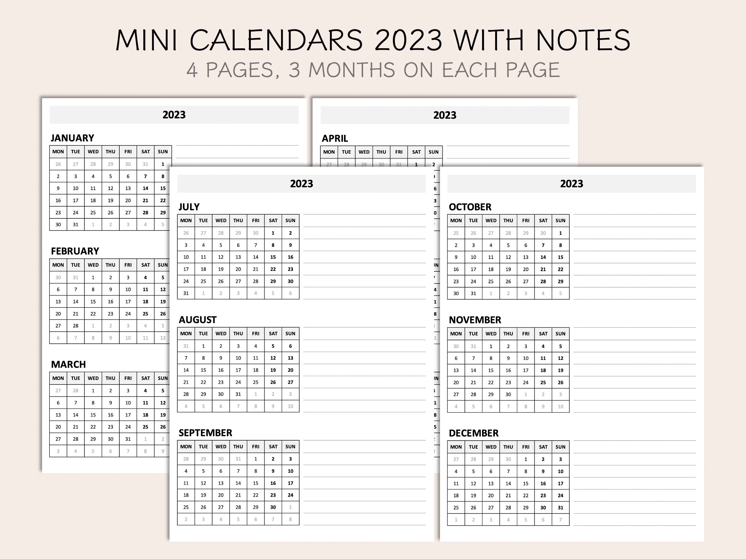 Printable Mini Monthly Calendars 2023, Yearly Overview With Notes, Year ...