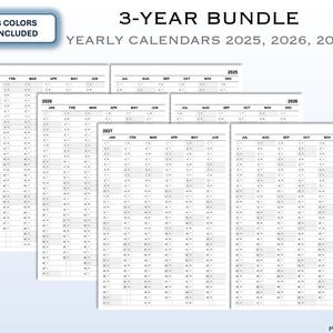 3-Year Calendar Bundle: 2025, 2026, 2027 | Printable Yearly Calendars in 4 Colors | Year At-A-Glance | Time Management