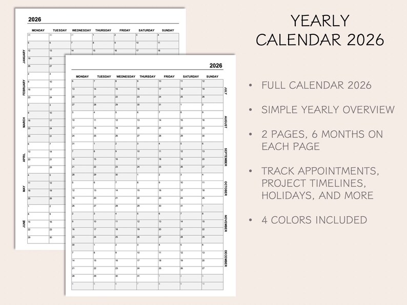 Yearly Calendar 2026, Printable Calendar 2026, Year at A Glance 2026, Yearly Overview 2026, 4 