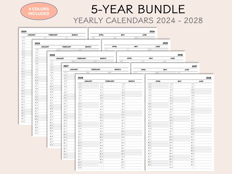 5-year Bundle: Printable Yearly Planner Calendar 2024-2025-2026-2027 ...