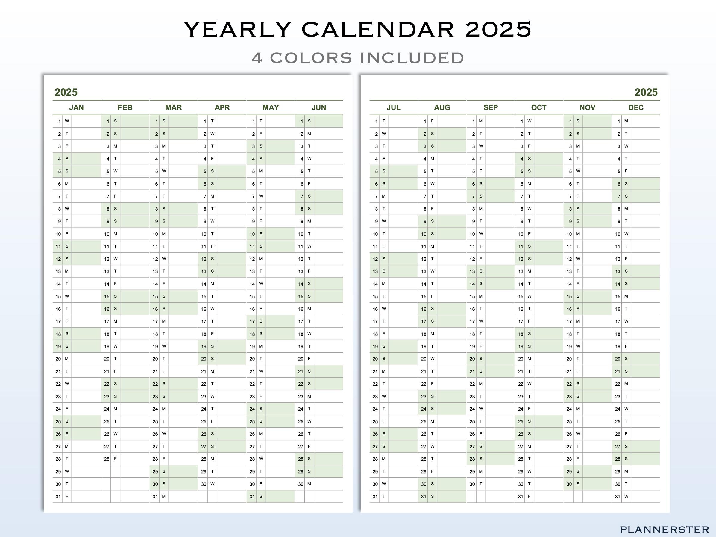 2025 年年間カレンダー - 4 色の印刷可能な 2025 年年間