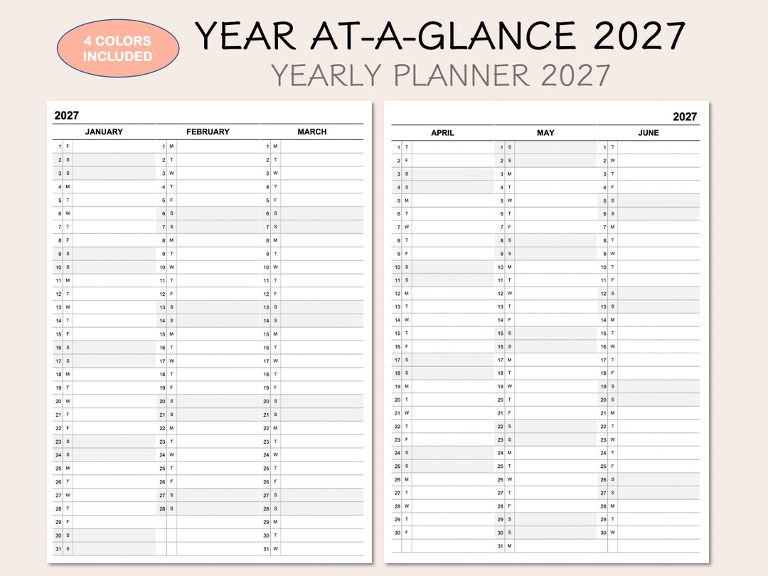 Printable Yearly Planner Calendar 2027, Yearly Overview 2027, Year At-a