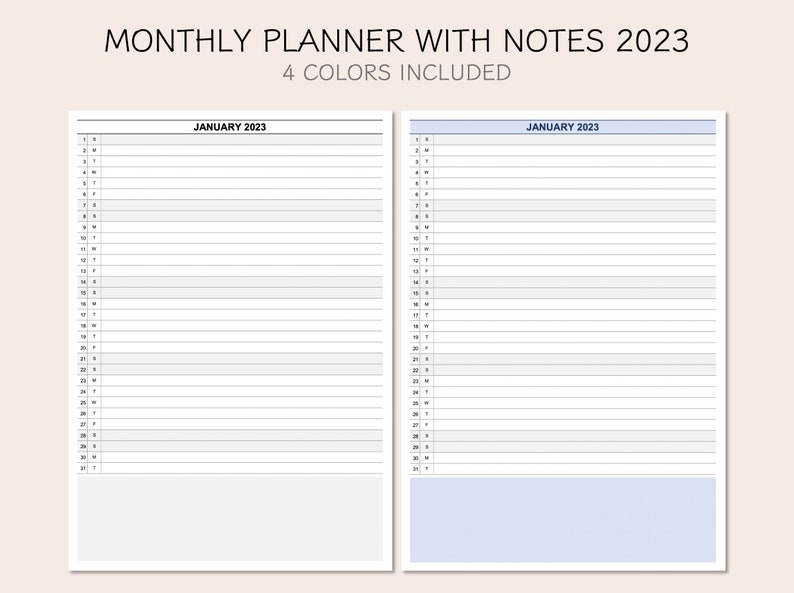 Printable Monthly Planner With Notes 2023 Monthly Calendar Etsy