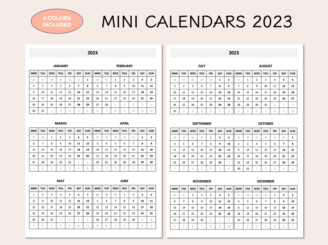 Printable Mini Monthly Calendars 2023 Yearly Overview 2023 - Etsy Hong Kong