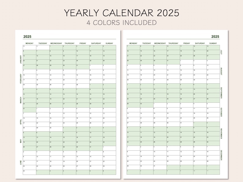 Yearly Calendar 2025, Printable Calendar 2025, Year at A Glance 2025