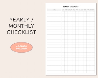Printable Yearly Checklist, Monthly To-Do List, 4 Colors (PDF)