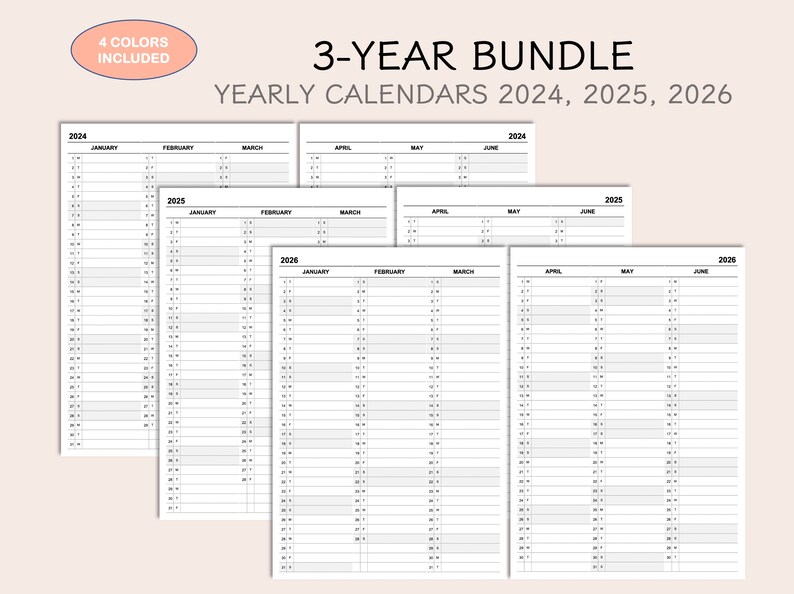 3-year Bundle: Printable Yearly Planner Calendar 2024-2025-2026, Yearly ...