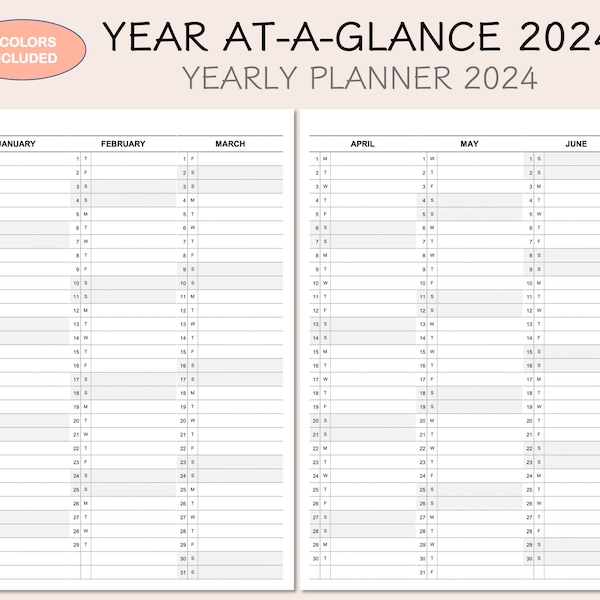 Printable Yearly Planner Calendar 2024, Yearly Overview 2024, Year At-A-Glance 2024, 4 Colors