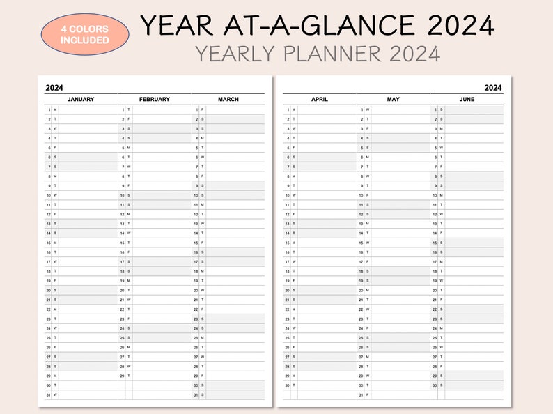 Printable Yearly Planner Calendar 2024, Yearly Overview 2024, Year Ata