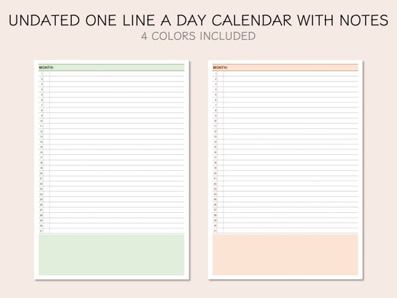 Undated One Line A Day Calendar With Notes, Printable Undated Monthly Planner, 4 Colors - Etsy