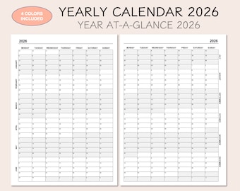 2026 Yearly Calendar Printable, Year At A Glance, Monday Start, 4 Colors (Digital Download)