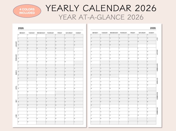 2026年 年間カレンダー（印刷可能、年間概要、月曜始まり、4色