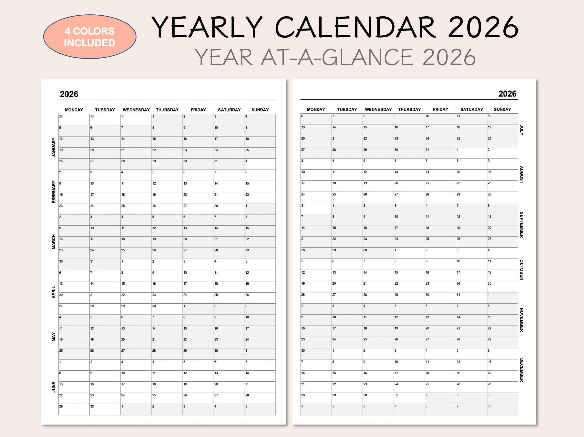Yearly Calendar 2026 Printable