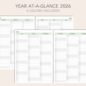 May include: A printable year-at-a-glance calendar for 2026. The calendar is divided into 12 months, with each month having its own page. The calendar is designed in a simple, minimalist style with a green color scheme.