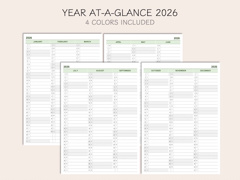 May include: A printable year-at-a-glance calendar for 2026. The calendar is divided into 12 months, with each month having its own page. The calendar is designed in a simple, minimalist style with a green color scheme.