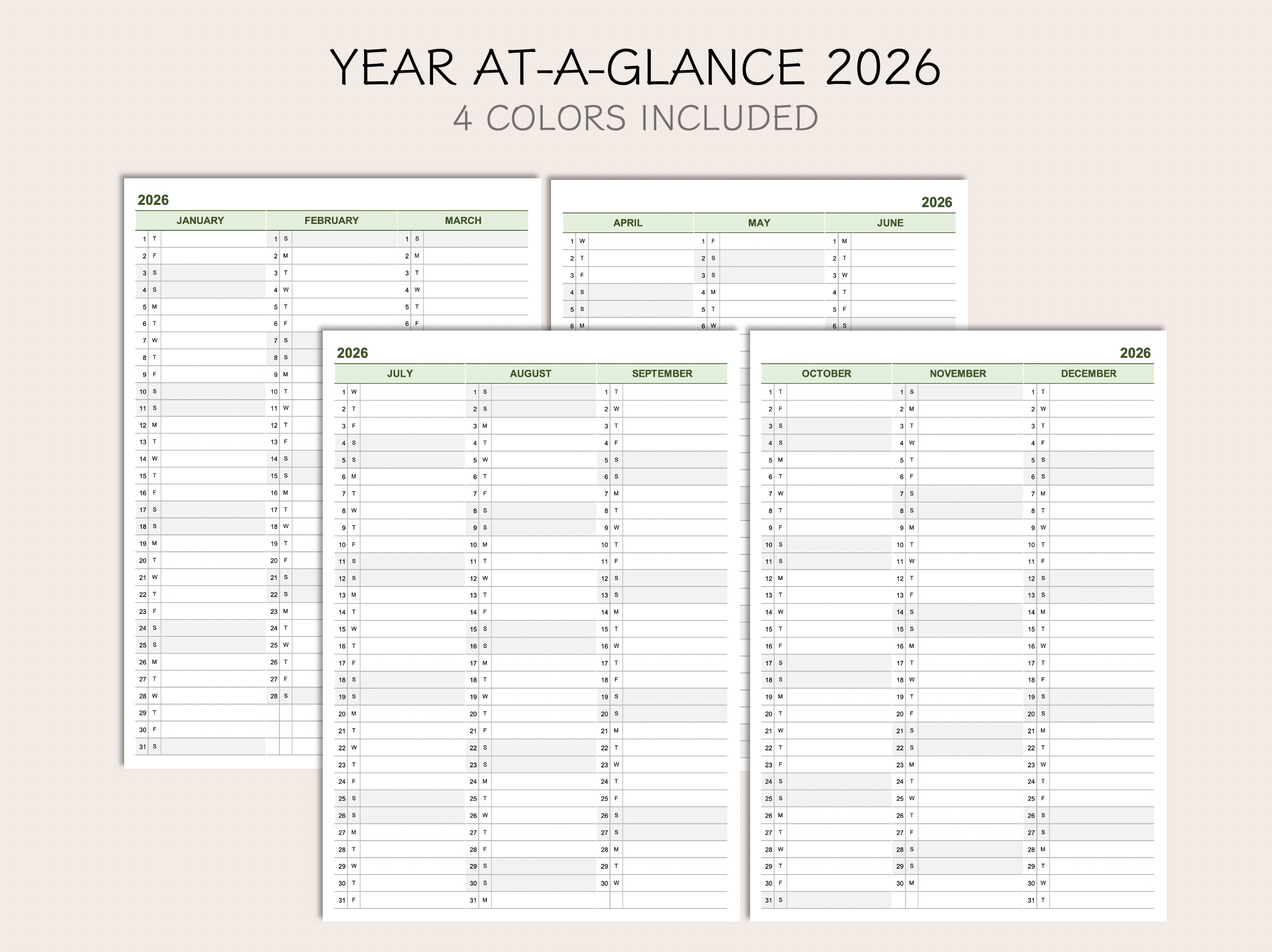 Printable Yearly Planner Calendar 2026, Yearly Overview 2026, Year Ata