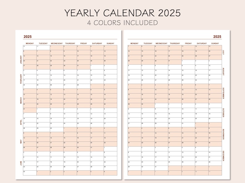 Yearly Calendar 2025, Printable Calendar 2025, Year at A Glance 2025