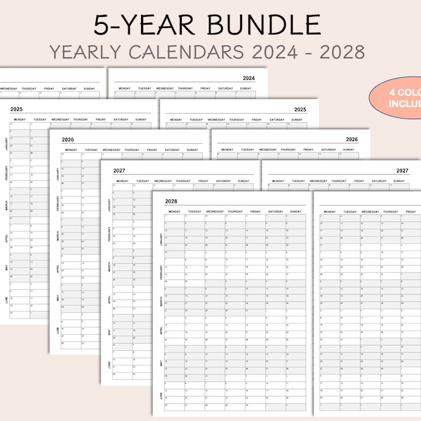5-Year Bundle: Yearly Calendars 2024-2025-2026-2027-2028, Printable Calendars, Year At A Glance, Yearly Overview, 4 Colors