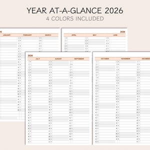 May include: A printable year-at-a-glance calendar for 2026. The calendar is divided into 12 months, with each month having its own page. The calendar is designed to be printed and used as a planner or organizer.