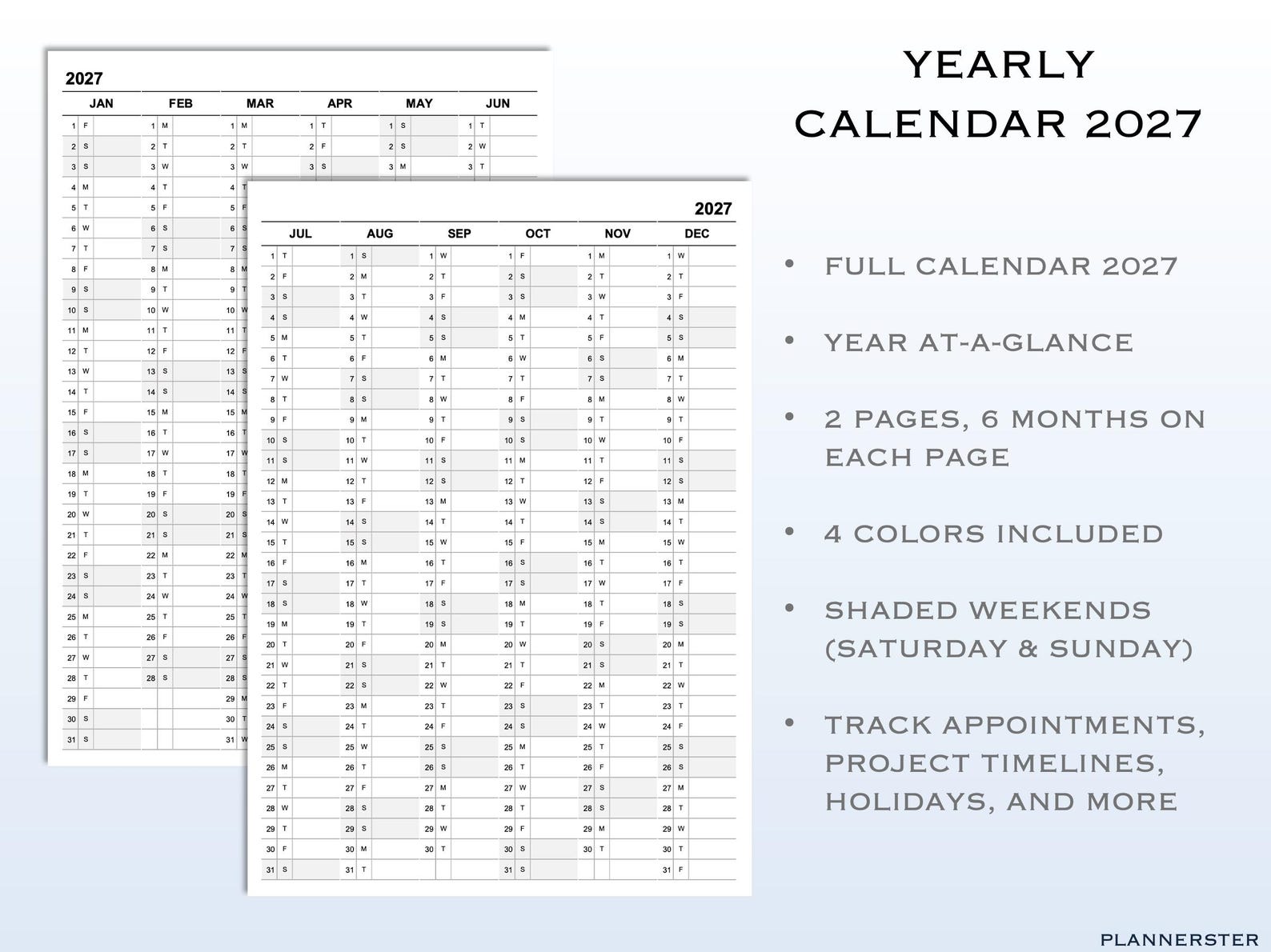 2027 Yearly Calendar - Printable Yearly Planner in 4 Colors | Year At-a