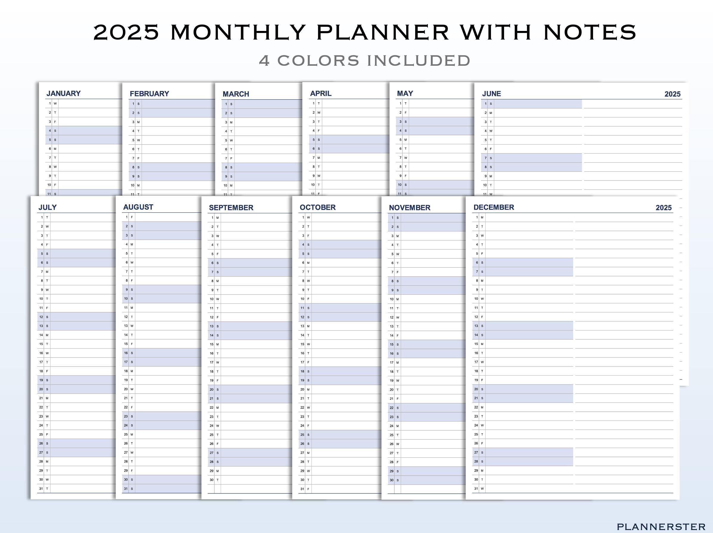 2025 Monthly Planner With Notes | Printable Calendar, 4 Colors (PDF) - Etsy