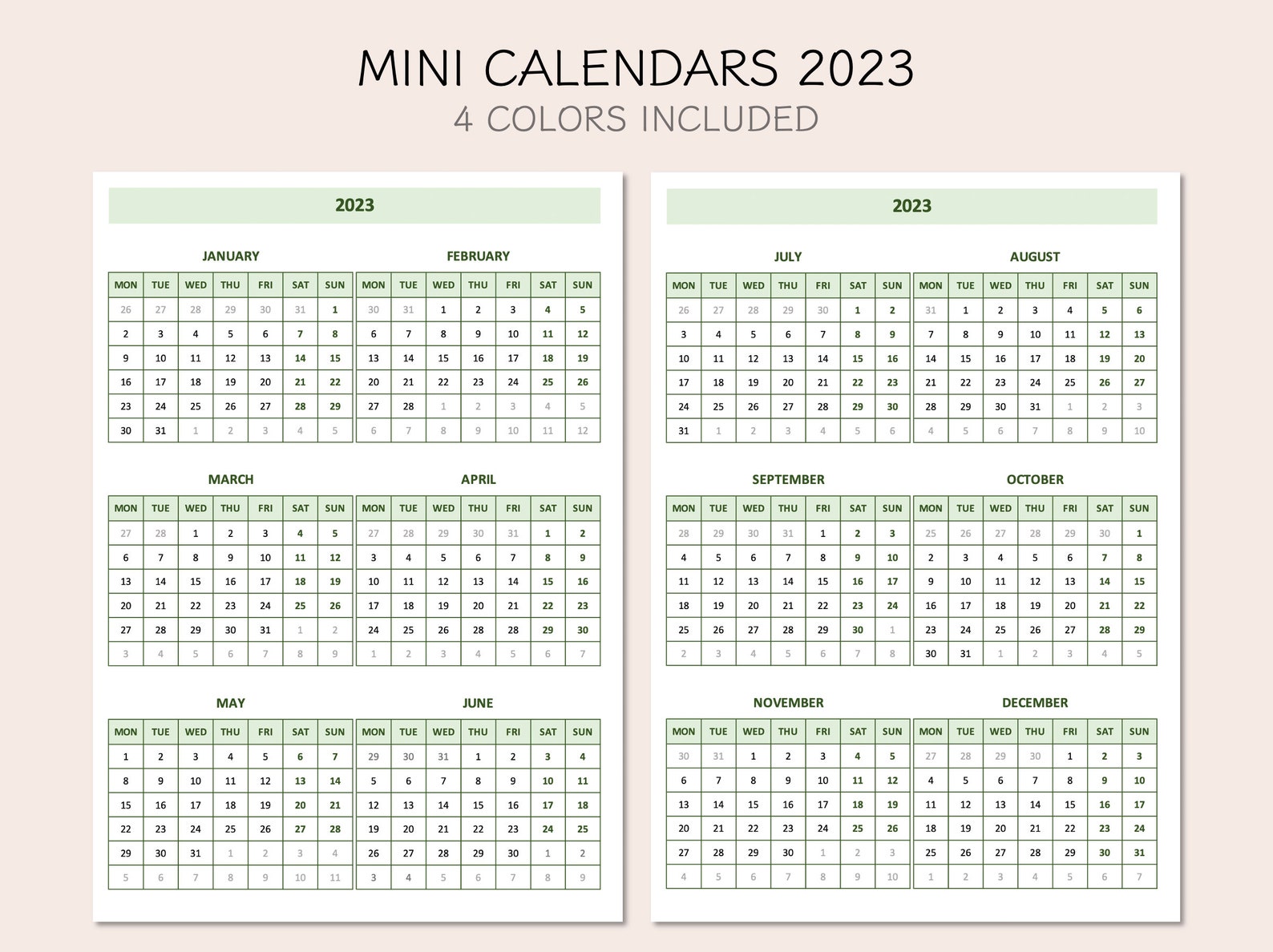 Printable Mini Monthly Calendars 2023 Yearly Overview 2023 Etsy Hong Kong