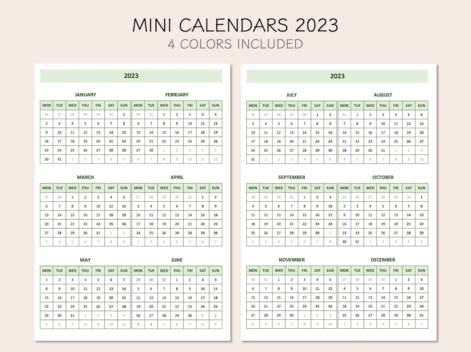 Printable Mini Monthly Calendars 2023 Yearly Overview 2023 Etsy Hong Kong